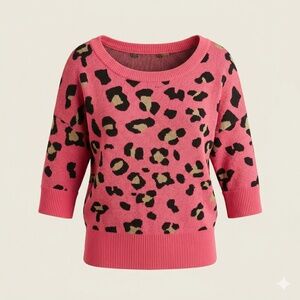 T/O Sweaters Pink Leopard Animal Print Knit Sweater Small 3/4 Sleeve Scoop Neck